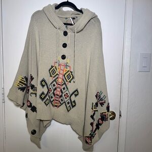 Topshop Beige Hooded Chunky Knit Poncho with Colorful Aztec Patterns One Size